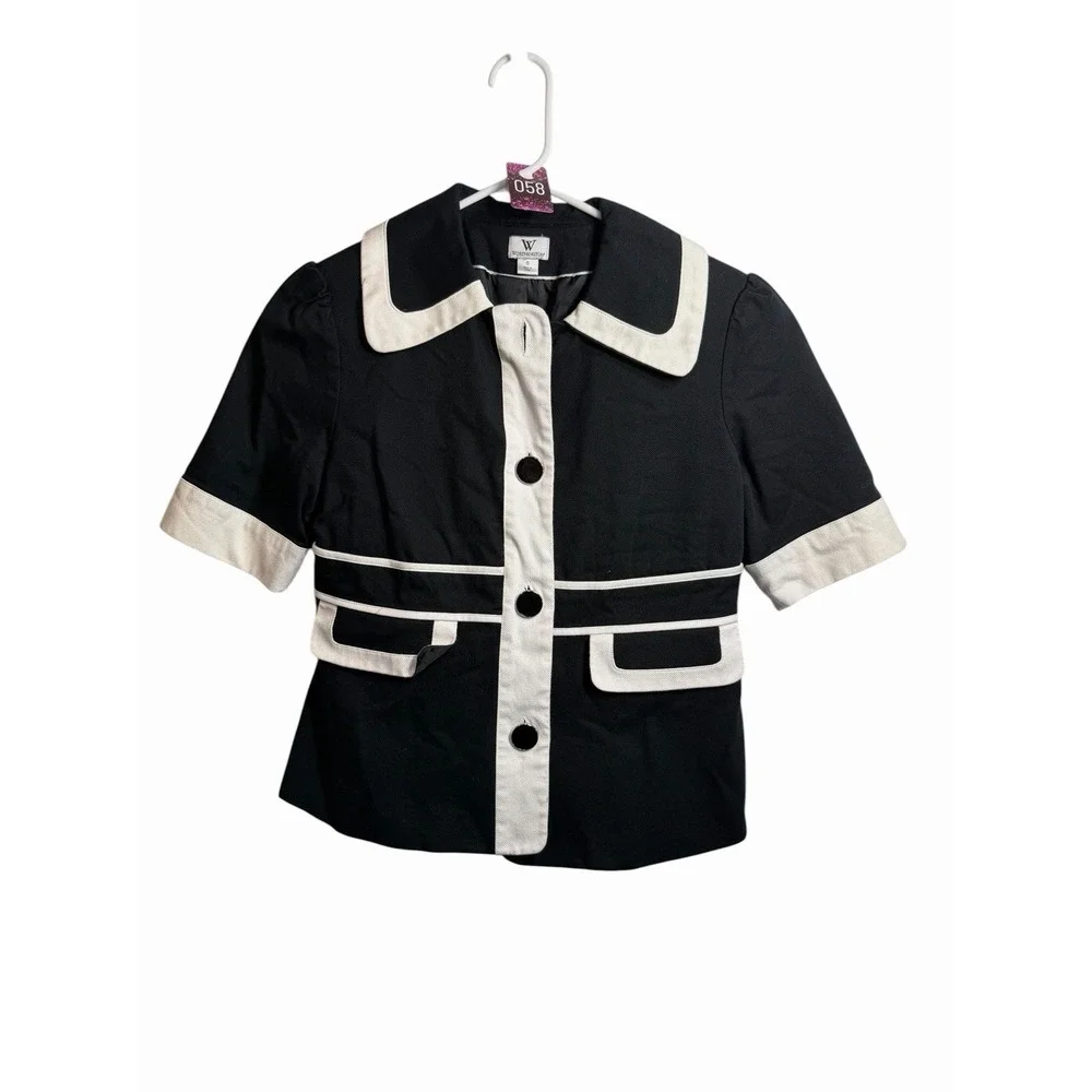 worthington womens black‎ white short sleeve button up jacket coat size small